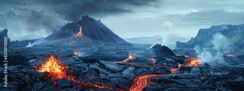 A dramatic volcanic landscape with lava flows and steaming geysers.