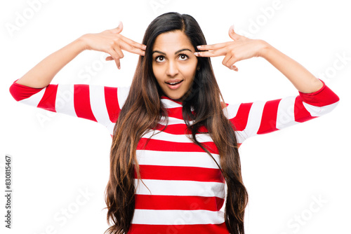 Woman, head and finger gun with joke or funny with silly gesture in studio isolated on white background. Sarcasm, exaggeration and comic with goofy for comedy, humor and playful in Netherlands.
