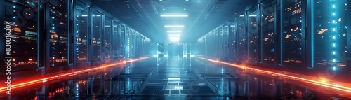 Futuristic data center with advanced technology servers, glowing lights, and high-speed connections in a modern, futuristic design.