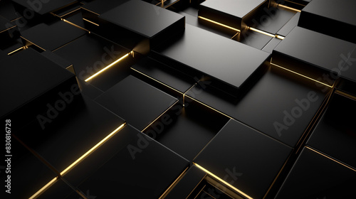 Abstract premium luxury black background with golden elements like lines and geometric shapes, set against a sleek dark backdrop, richness