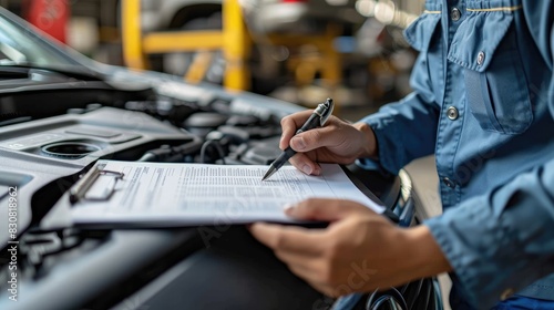 A mechanic inspects a car and fills out a checklist.