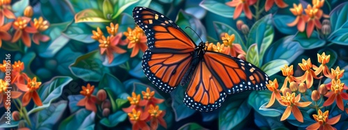 A close-up of a monarch butterfly resting on a vibrant milkweed plant.
