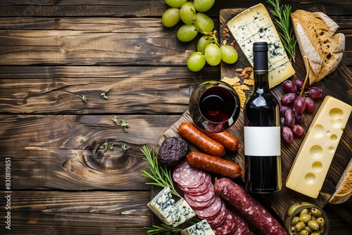 Bottle of wine, cheeses and traditional sausages on a wooden background. Brie cheese, blue cheese, gorgonzola, fuete, salami. place for text. View from above