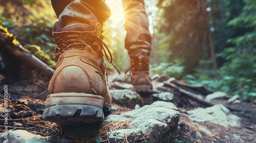 A person is standing on a rocky surface wearing hiking boots. The boots are brown and have laces. The person is looking ahead, possibly preparing to continue their hike