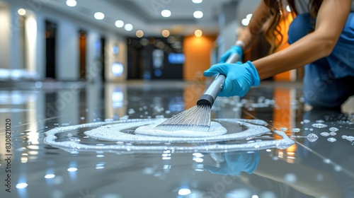 A person using a modern circular mop to spread foam while cleaning a highly reflective floor, indicating thorough sanitation