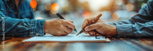 Two hands signing a document with pens.