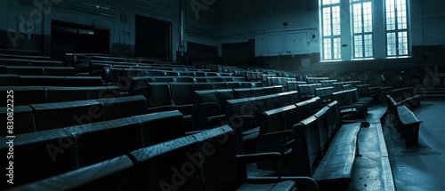 Dimly lit, abandoned lecture hall with empty desks and chairs, capturing a sense of solitude and historical neglect.