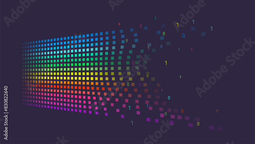 Visualization of sorting a large amount of data. Process of information analysis. Vector illustration, information flow on a dark background. Artificial intelligence, machine learning.