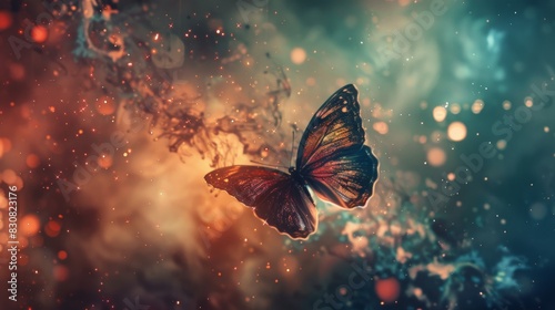 A butterfly is flying over a flower in a field of stars
