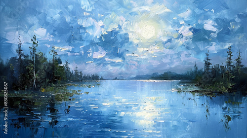 Serene midsummer moonrise over a lake, impressionistic oil painting with light reflections,
