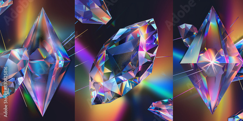 Three large, dimensional crystals with vivid colors on a dark, gradient background