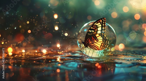 A butterfly is sitting on a bubble in a pond