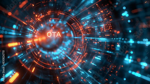 "OTA" at the heart of a dramatic data flow, surrounded by a high-tech, dynamic digital background, symbolizing seamless firmware updates