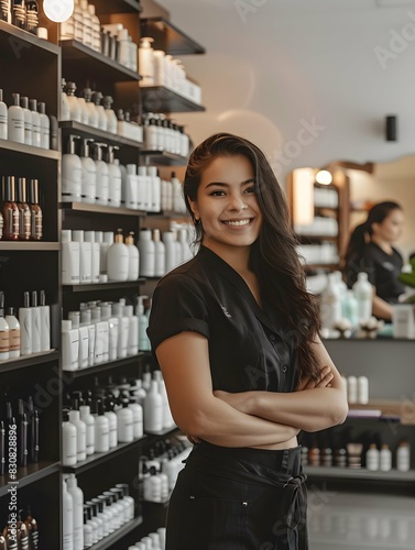 Welcoming Beauty Salon Owner in Modern Store with Haircare Products on Shelves