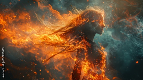 Woman with hair and body engulfed in flames, blended with blue smoke-like effect on right, face obscured for privacy