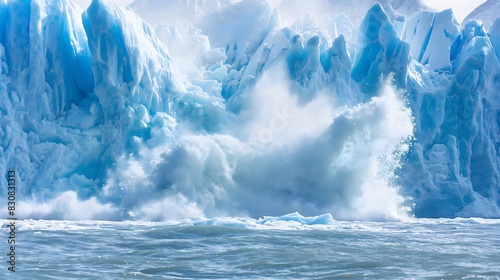 7. A glacier calving into the ocean, with massive chunks of ice breaking off, highlighting the rapid pace of ice melt in polar regions.