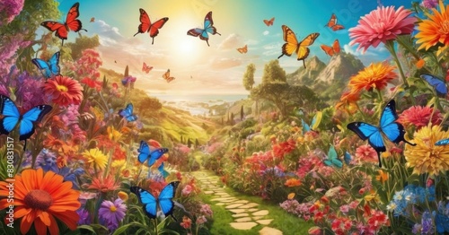 Lush garden in full bloom with a variety of colorful flowers and butterflies, bathed in warm sunlight