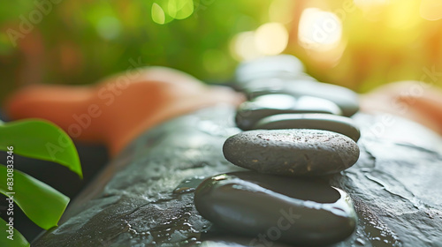 A hot stone massage session with smooth basalt stones placed along the back of a relaxed individual, capturing the essence of therapeutic spa treatments