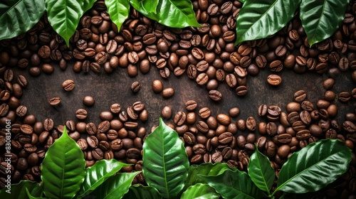 Fresh coffee beans with coffee leaves, decorated as a beautiful picture, beautiful composition Suitable for decorative cutting