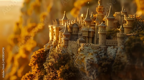 A castle is shown in a golden light, with a mountain in the background