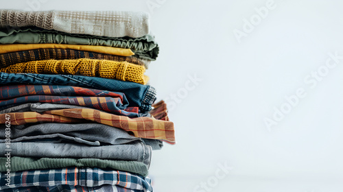 Stack of knitted sweaters on the windowsill. Warm winter clothes, Stack of knitted sweaters on wooden shelf, closeup view