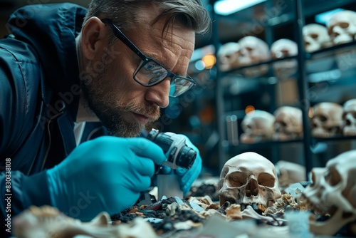 Man examining skull in museum