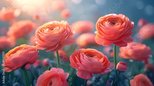  A close-up of vibrant ranunculus flowers with layers of delicate petals and a blurred garden background