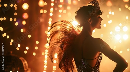 Stunning flapper woman as a cabaret dancer, adorned with feathers in a roaring twenties fashion, surrounded by scenic lights and exuding classic glamour.