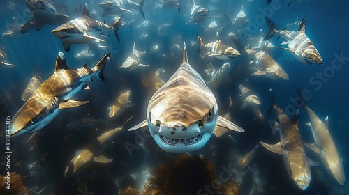 A powerful image of a great white shark swimming with its mouth open among a myriad of smaller fish