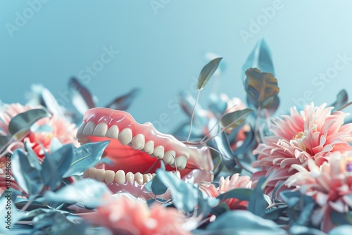 Dentures on a background with bright flowers and leaves