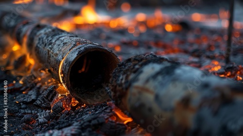 A close up of a fire with a piece of wood that is partially burned