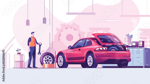 Car service banner. Man with wrench and engine oil ne