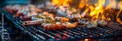 Twilight beach setting where seafood is grilled over open flames, the fire casting a warm glow on the array of seafood, emphasizing the smoky atmosphere and the freshness of the ocean, ai generated