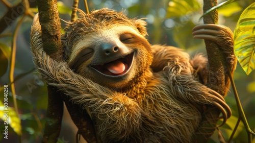A sloth is hanging on a tree branch in the jungle.