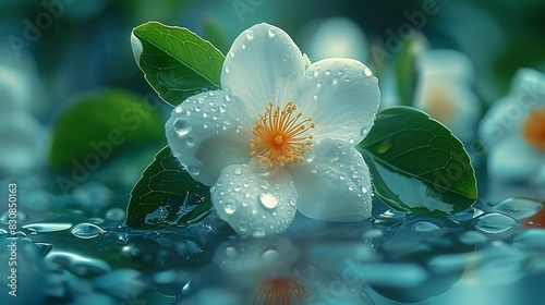 A jasmine flower with a raindrop about to fall off its petal