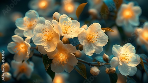  A night shot of jasmine flowers illuminated by soft garden lights