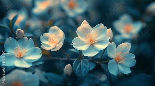  A night shot of jasmine flowers illuminated by soft garden lights