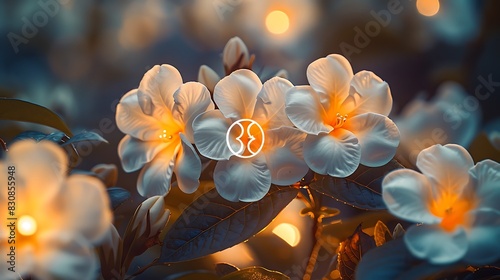  A night shot of jasmine flowers illuminated by soft garden lights