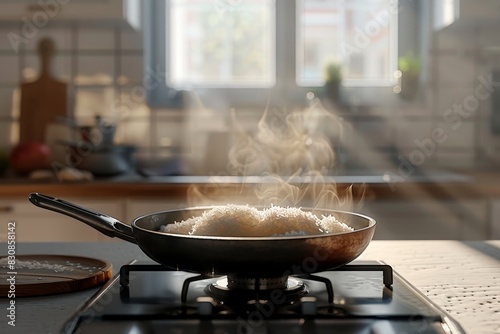 Steamed rice in a pan with steam floating around