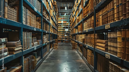 Library Bookshelves in a Dimly Lit Archive