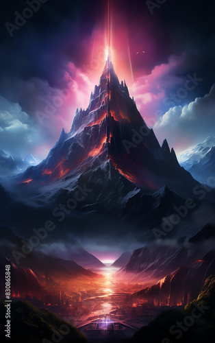 Produce a panoramic view of a majestic mountain peak symbolizing strong leadership under a dramatic sky with vibrant, futuristic lighting effects