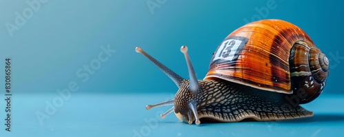 A snail with a racing helmet and number sticker it is at the right, on a blue background