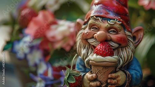 Whimsical garden gnome enjoying ice cream cone with vibrant flowers in the background, adding charm to any garden setting.