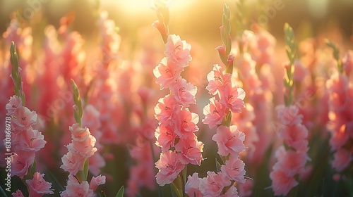  Gladiolus flowers standing tall in a field with a soft focus on distant greenery