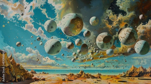 The image is depicting a scene of an alien planet with large, colorful, glowing orbs floating in the sky