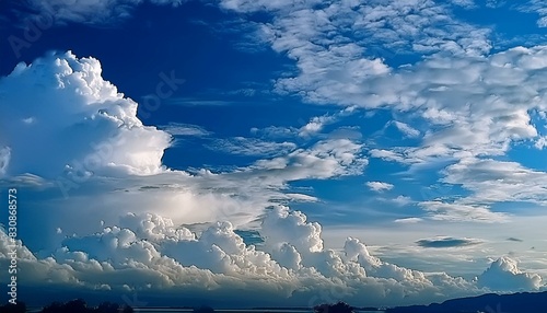 Large cumulus cloud lit by the sun Summertime cloud formation Isolated cloud in an expansive blue sky background 