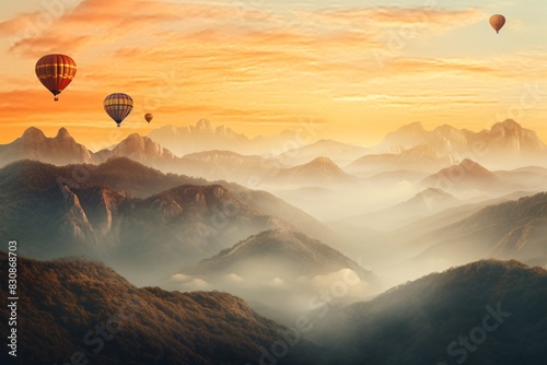 a hot air balloons flying over mountains