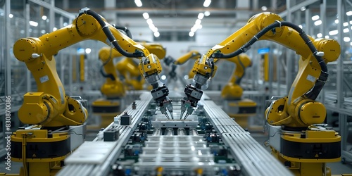 Enhancing Factory Efficiency with Robotic Arms in Digital Manufacturing Operations. Concept Factory Automation, Robotic Arms, Efficiency Optimization, Digital Manufacturing, Industrial Innovation