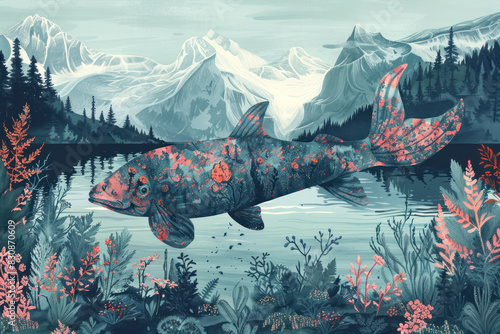 Beautiful fiction fish floating over a lake among mountains landscape