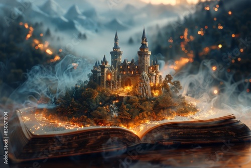 A fantasy novel book opened and laying flat on a wooden table, a miniature castle of a great kingdom with mist and fog appeared from the book.